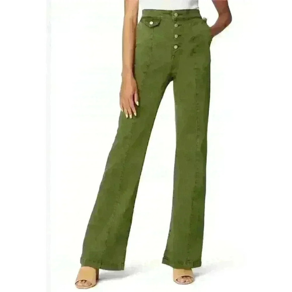 NWT Blank NYC Delancey Button Fly High Waist Wide Leg Green Pants Jeans Size 29 - Picture 1 of 11